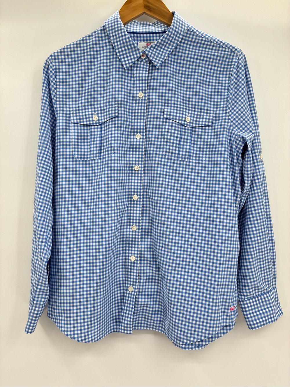 Vineyard Vines Women Performance Gingham Button Up Top Shirt Blue White Size 12